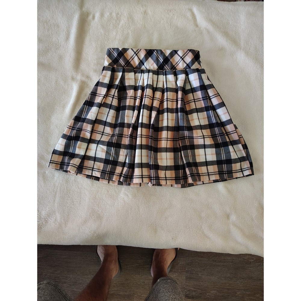 Love Streak Plaid Pleated Mini Skirt Peach Black White XS Skater Schoolgirl